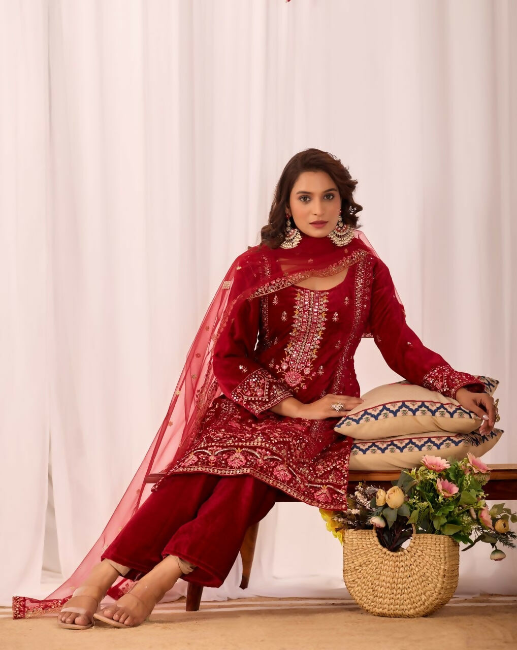 Teeya Creation Red Color Velvet Embroidery Work Wedding Wear Salwar Suit