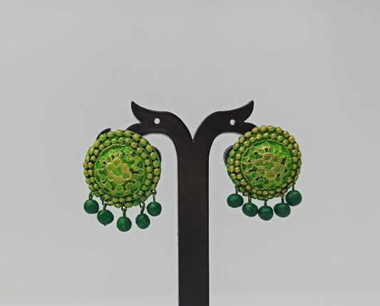 Terracotta Boho Style Studs With Dangles-Green