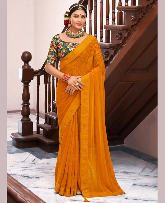 Mustard Georgette Swaroski Work Saree With Unstitched Blouse Piece - Juhi