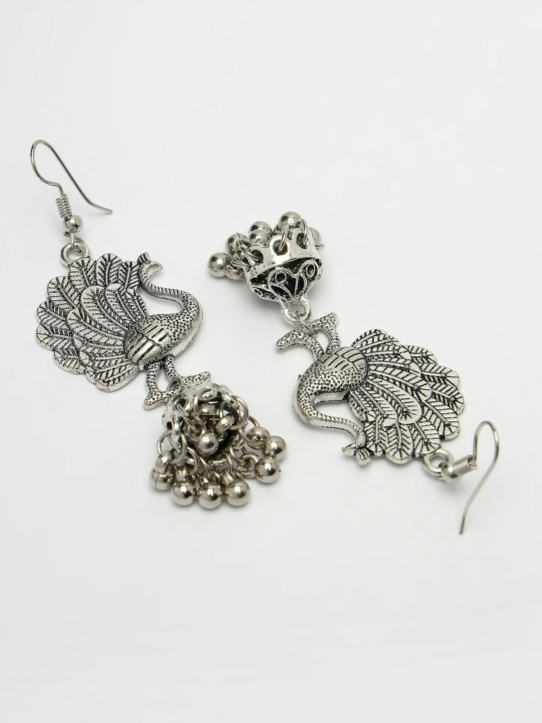 NVR Women's Silver-Toned Peacock Desing German Silver Oxidised Dome Shaped Jhumka Earrings 