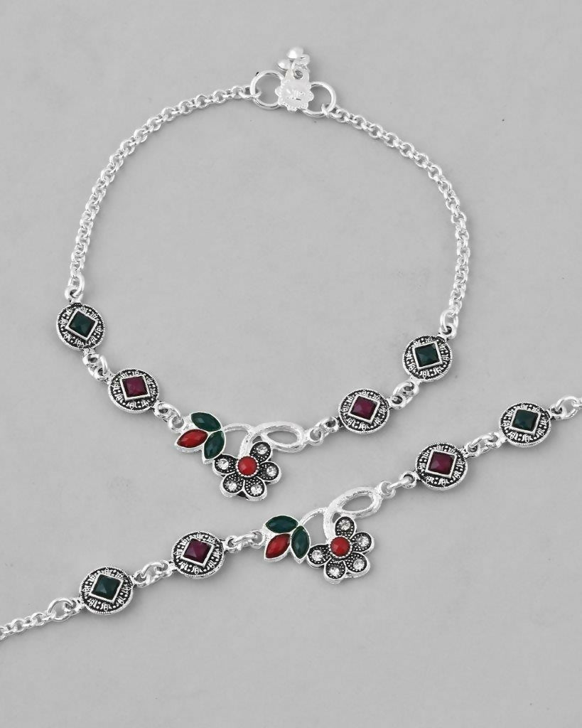 VOJ Set of 2 Traditional Multi Color Stone Studded Designer Anklet 