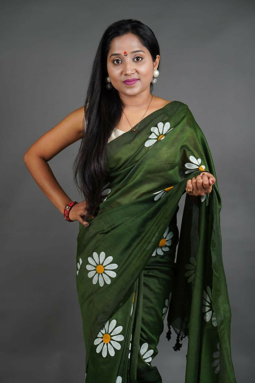 Exclusive Collection Deep Green Pure Cotton Grab2Buy With Sunflower Design 