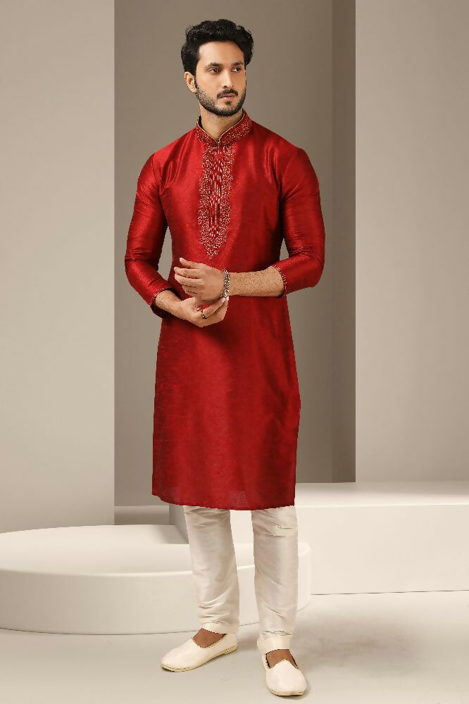 Raivat Ethnic Banarasi Art Silk Thread Work Kurta Pajama In Maroon Colour