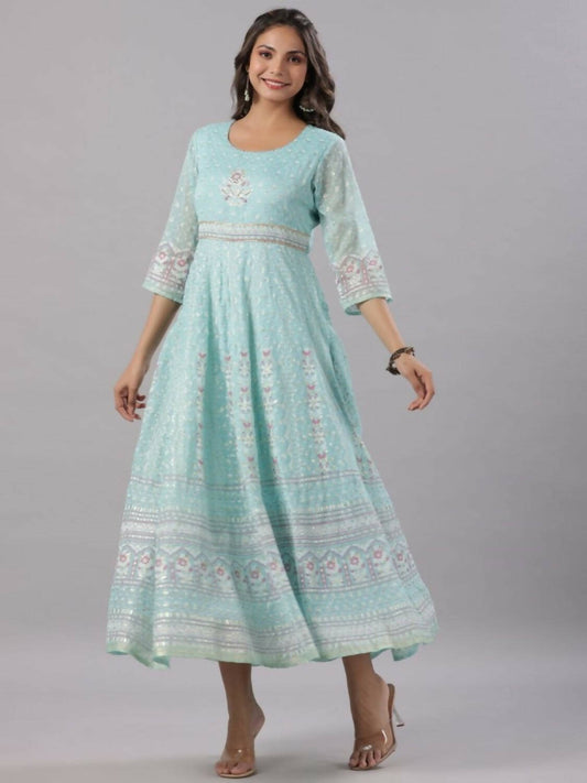 Juniper Women Sky Blue Chiffon Dobby Printed Maxi Dress