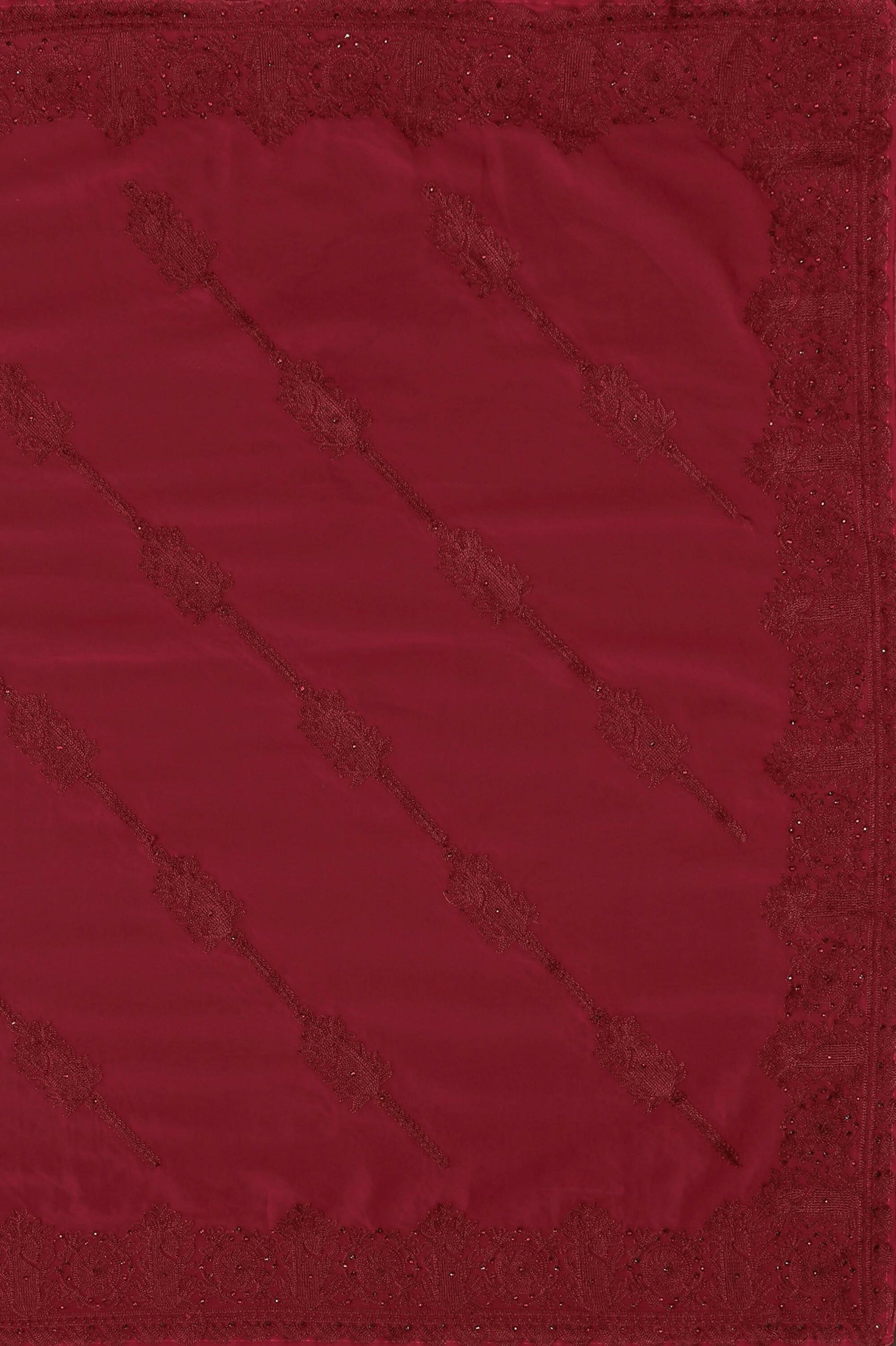 Maroon Georgette Embroidered and Stone Work Saree with Unstitched Blouse Piece - Roozal