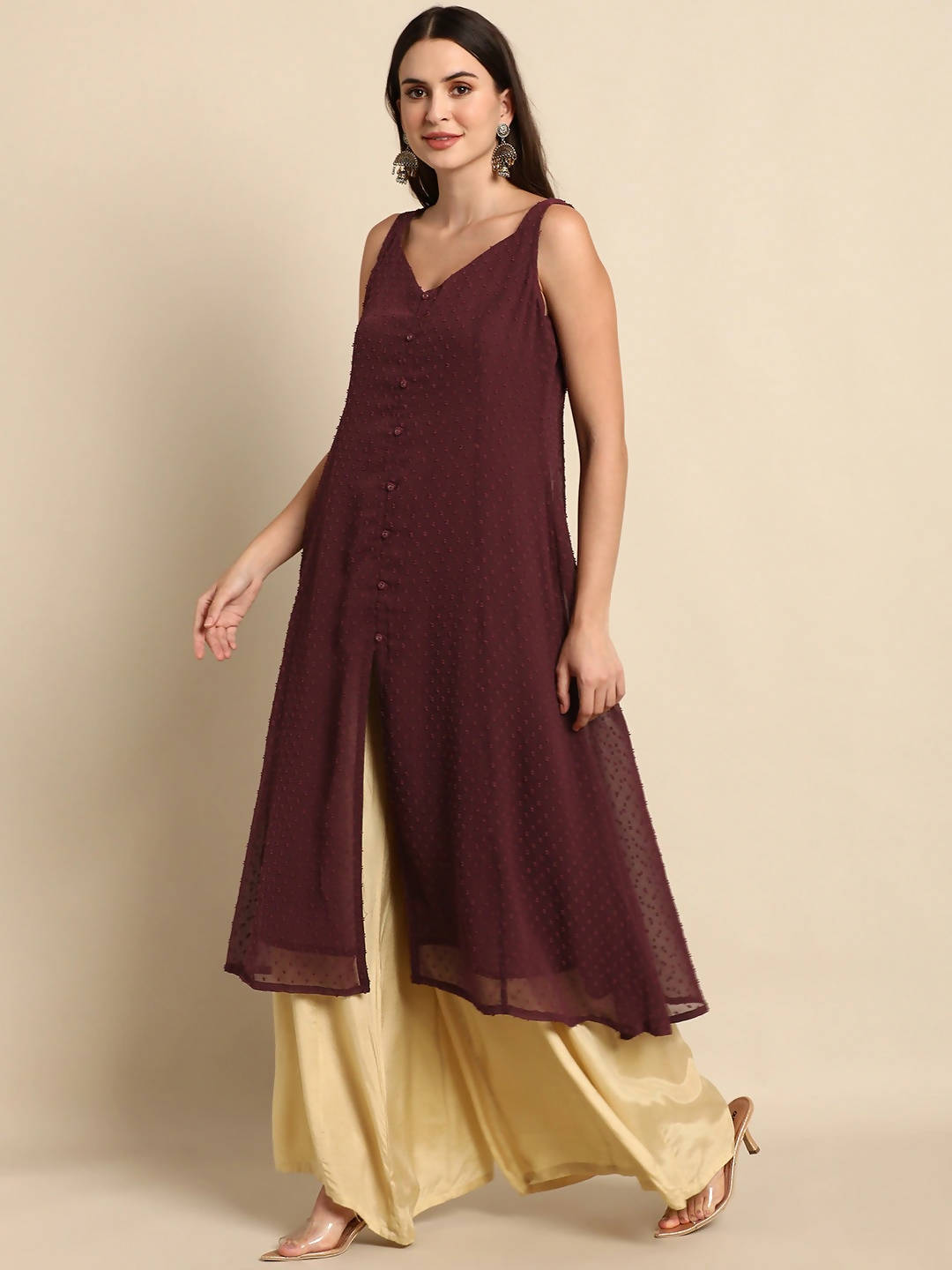 Janasya Women Maroon Poly Chiffon Dobby Weave Kurta