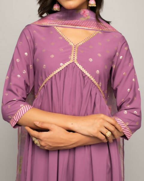 FIORRA Women's Lavender Creap A-Line Kurta Pant With Dupatta 