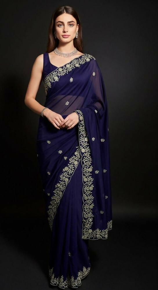 Joban Fashion Blue Fandy Satin Silk Party Wear Sarees