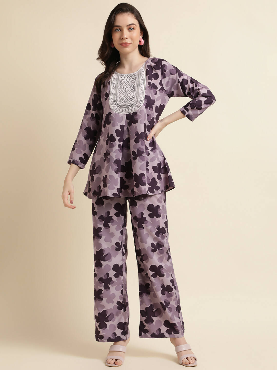 Purple Poly Crepe Digital Printed Top with Matching Bottom - Preeti