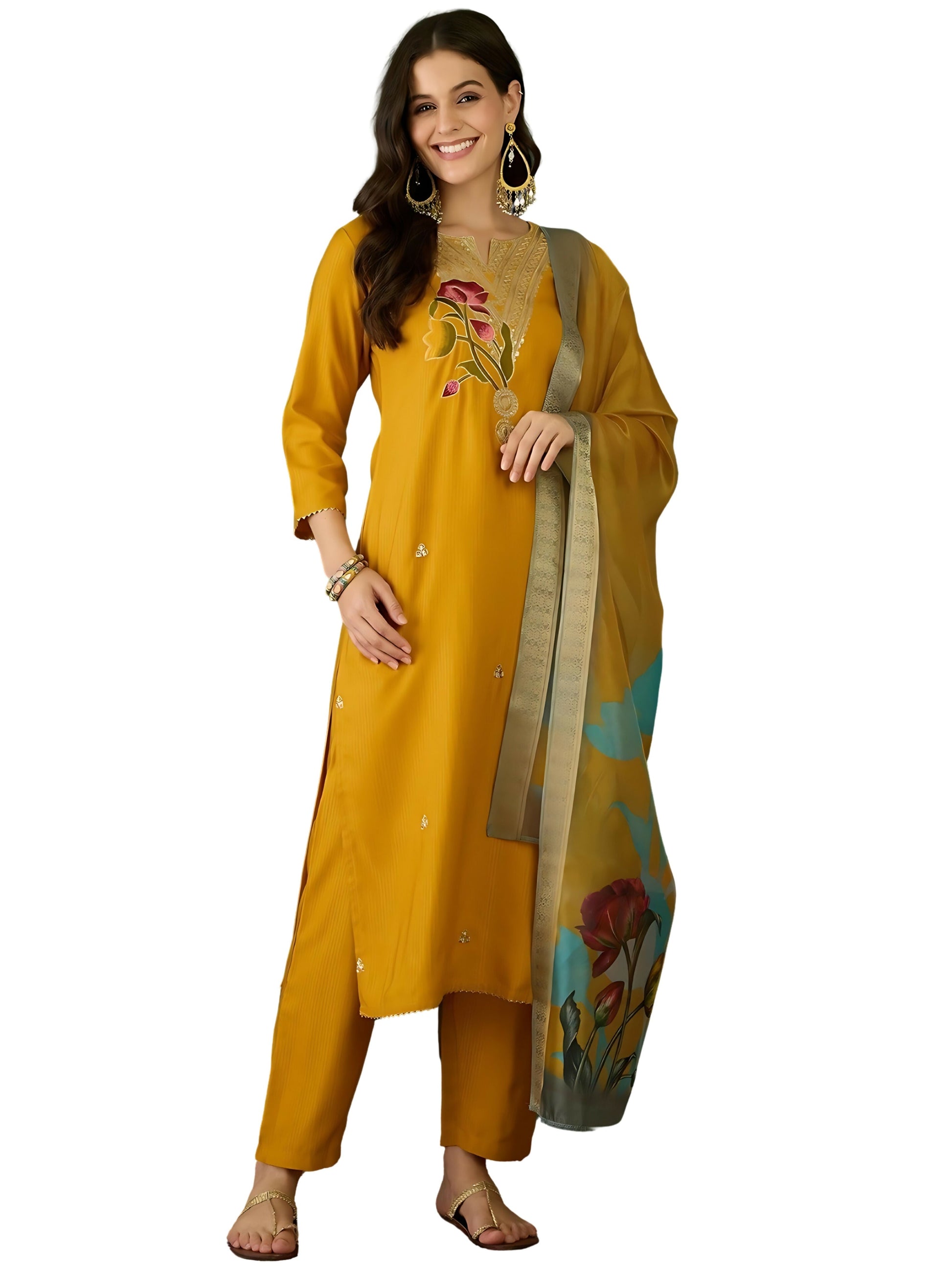 The52 Mustard Women's Beautiful Rayon Fabric Embroidered Work Straight Kurta, Pant and Dupatta Set | Grab2Buy