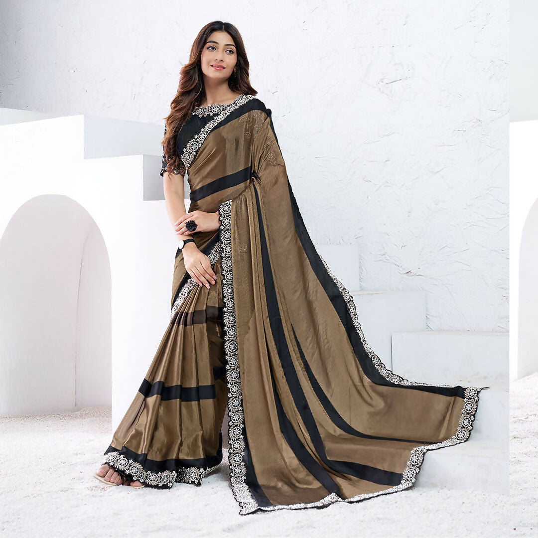Dark Brown Pattern Georgette Moti With Real Mirror Work Saree With Unstitched Blouse - Norita Swaraa