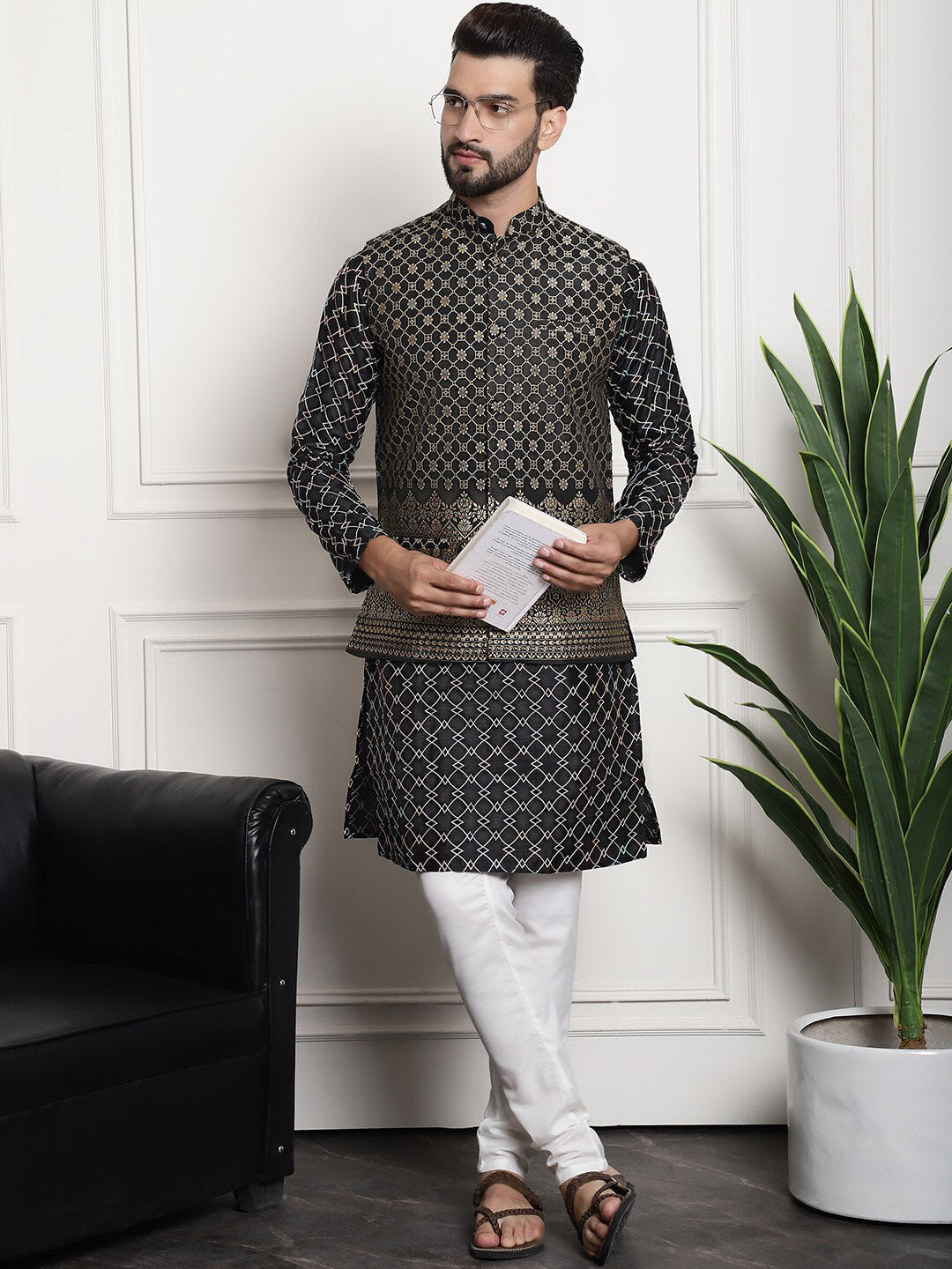 Sojanya Ethnic Motifs Woven Design Embroidered Straight Kurta & Churidar With Nehru Jacket 