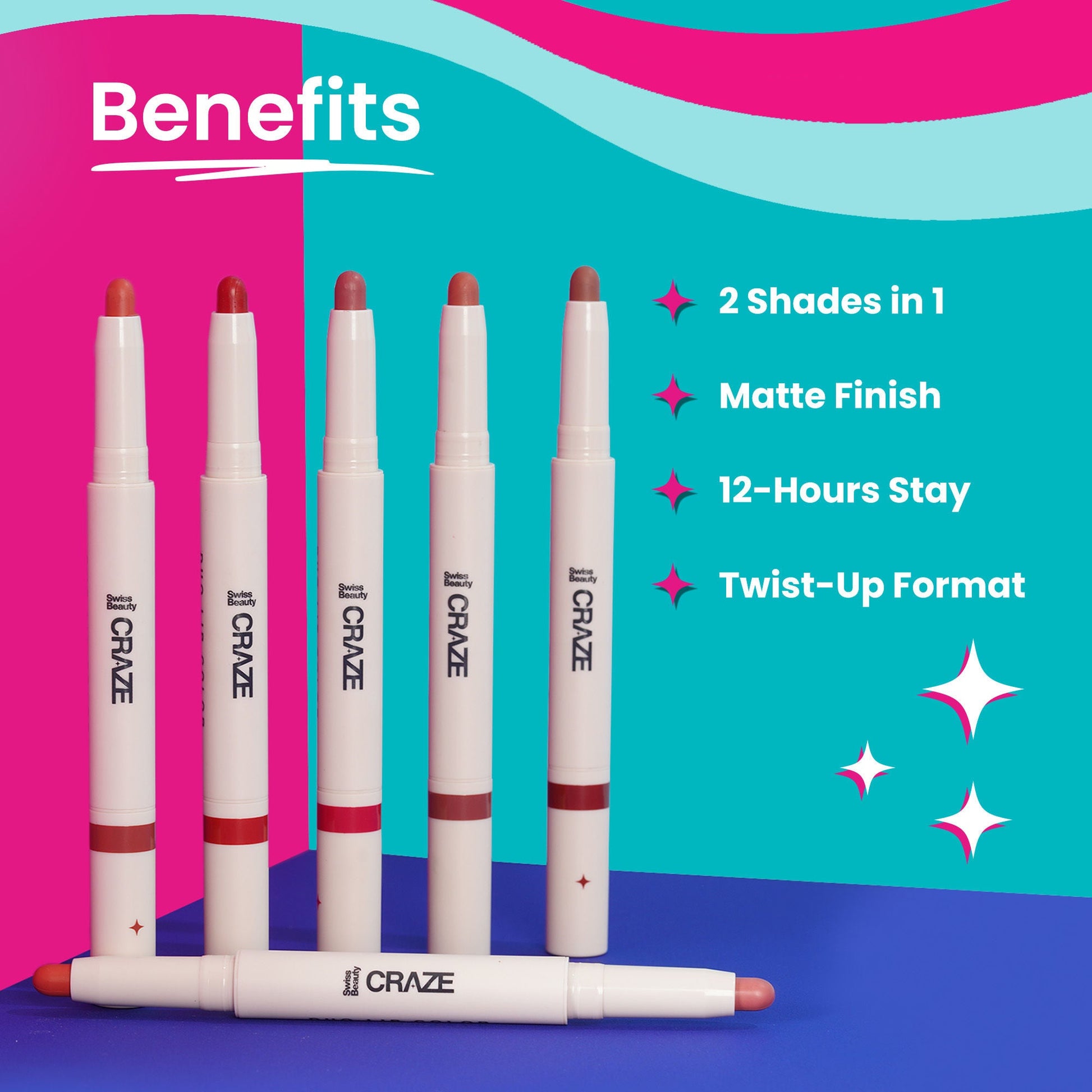 Swiss Beauty CRAZE Duo 2 In 1 Satin Matte Finish Lipstick Non-Transfer Lip Colour - 05 Peach Me Pink