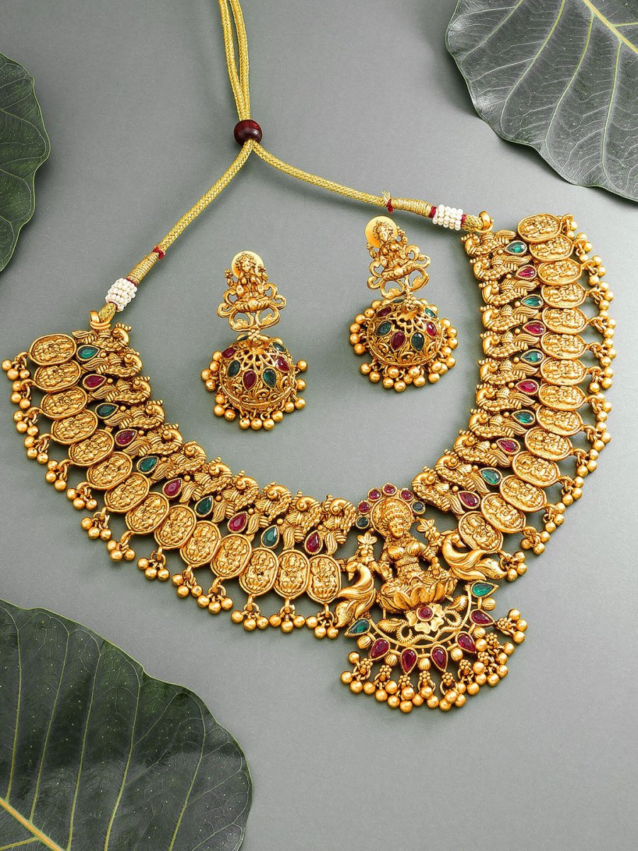 Aadita Gold-Toned Red & Green Stone-Studded Temple Jewelry Set - Grab2buy