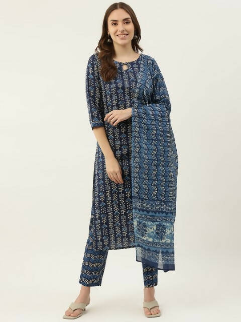 FIORRA Women's Blue Cotton Straight Kurta Pant With Dupatta 