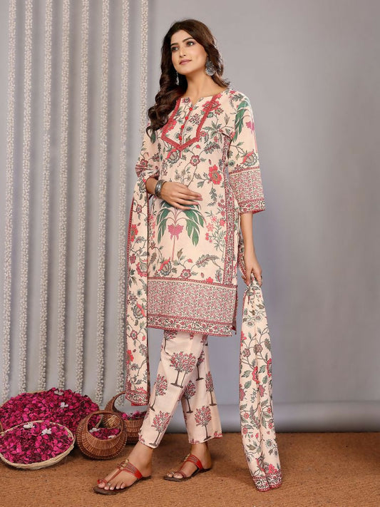 Joban Fashion Women Cream Linen Printed Stitched Kurta Set