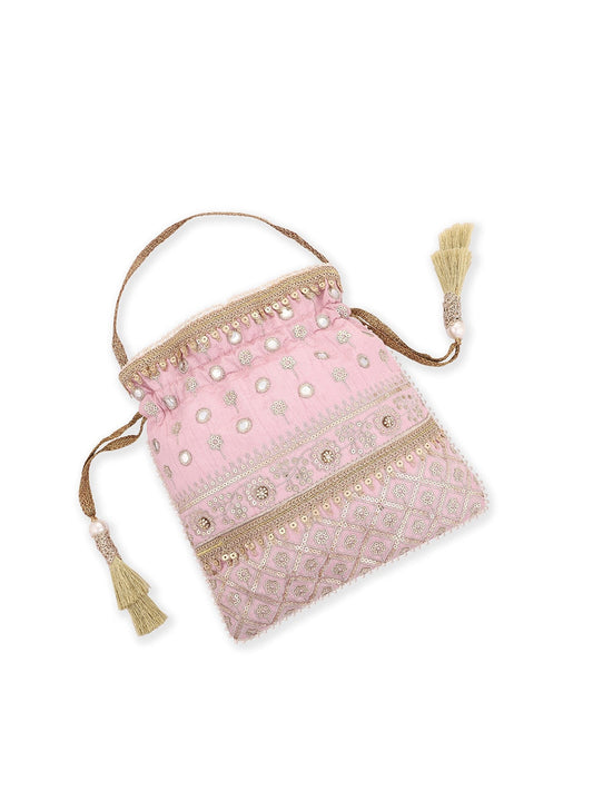 Masq Pink & Gold-Toned Embellished Potli Clutch - Grab2buy