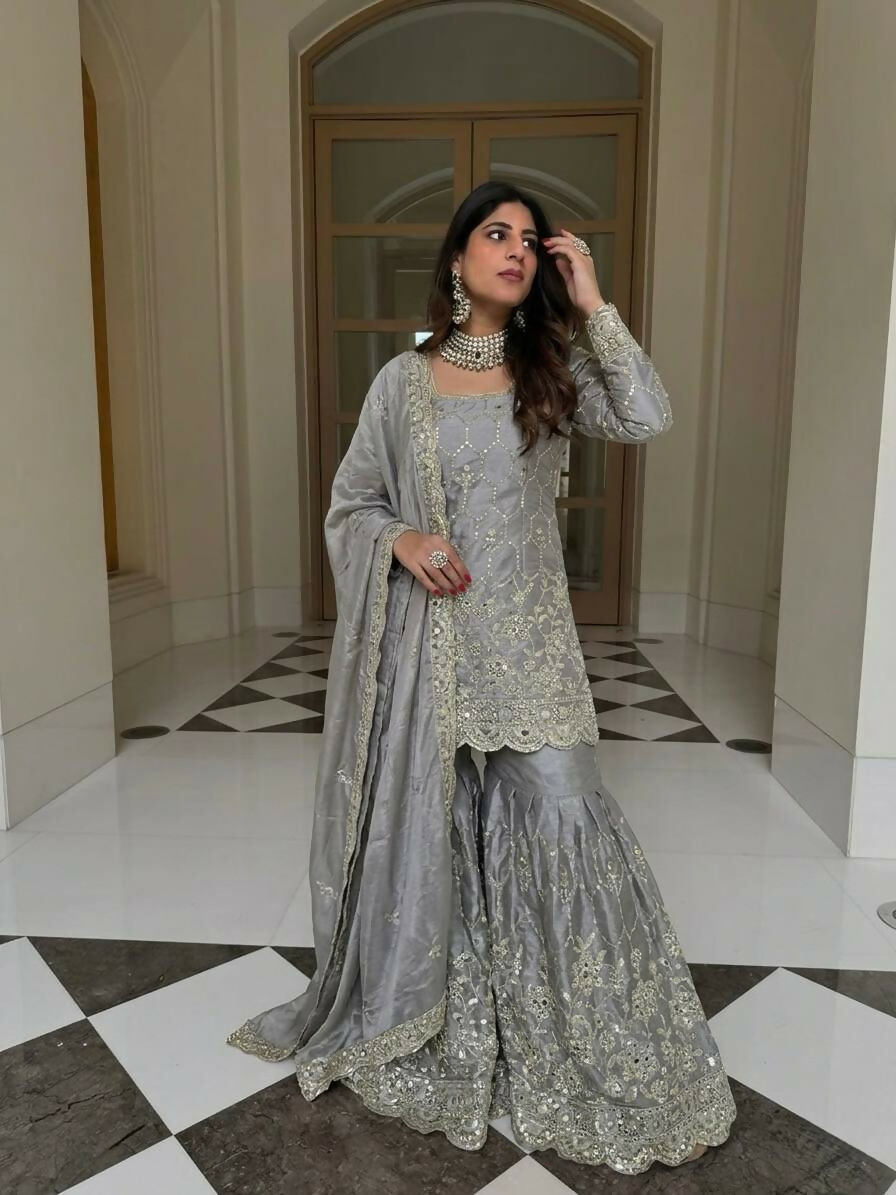 Teeya Creation New Trendy Latest Designer Embroidery Sharara Kurta Set -Grey