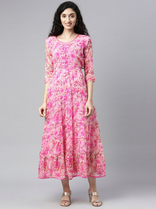 Souchii Beautiful Pink & peaches n cream Floral Layered Chiffon Midi Dress 
