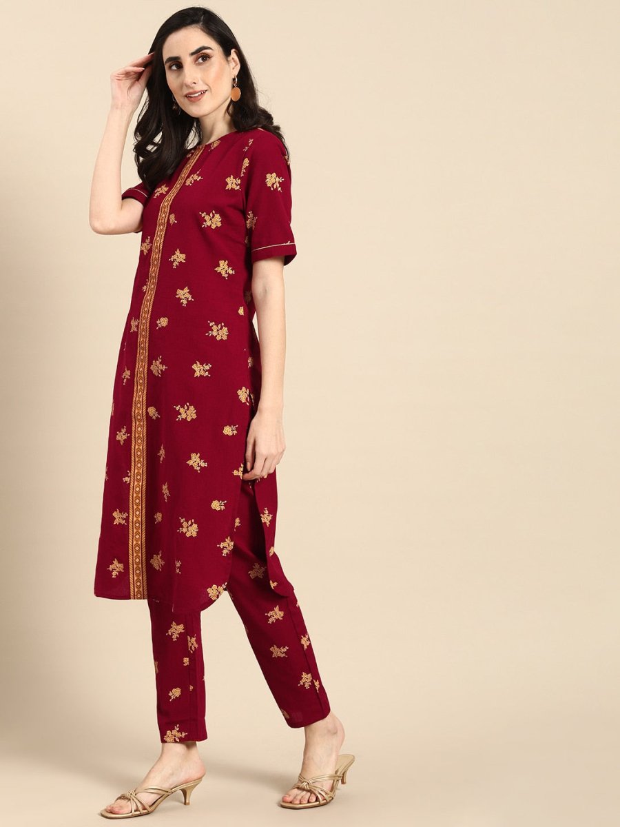 All About You Women Maroon & Mustard Yellow Floral Printed Pure Cotton Kurta with Trousers