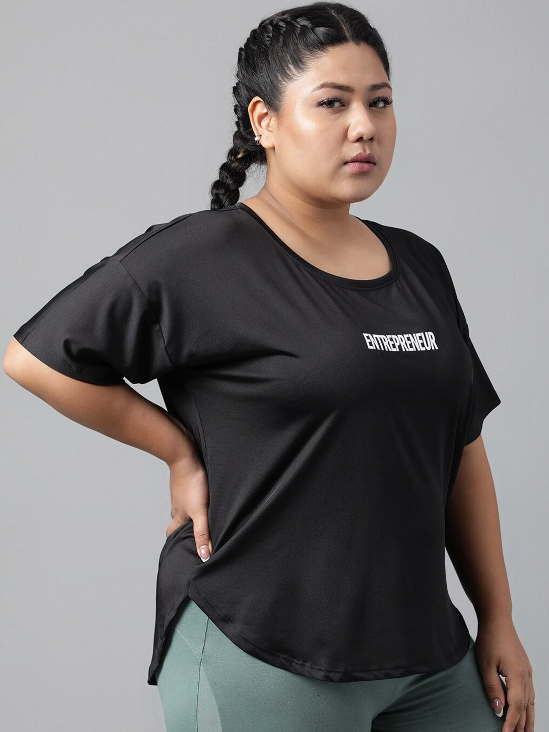 MKH Women Plus Size Typography Printed Drop shoulder Sleeves Dri-FIT Relaxed Fit T-shirt 