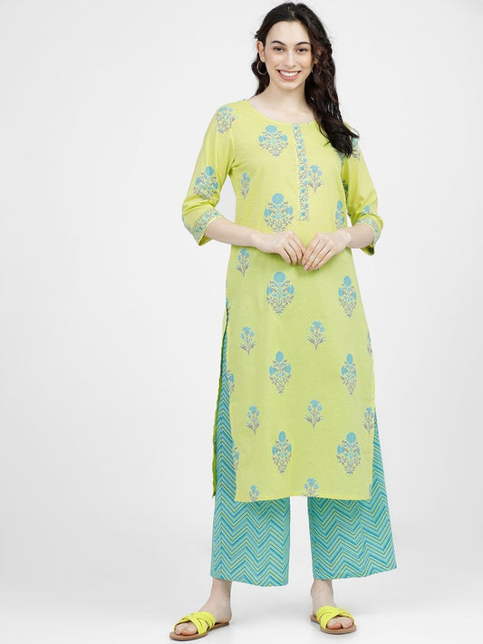 Vishudh Women Lime Green Ethnic Motifs Printed Regular Pure Cotton Kurta with Palazzos | Grab2Buy