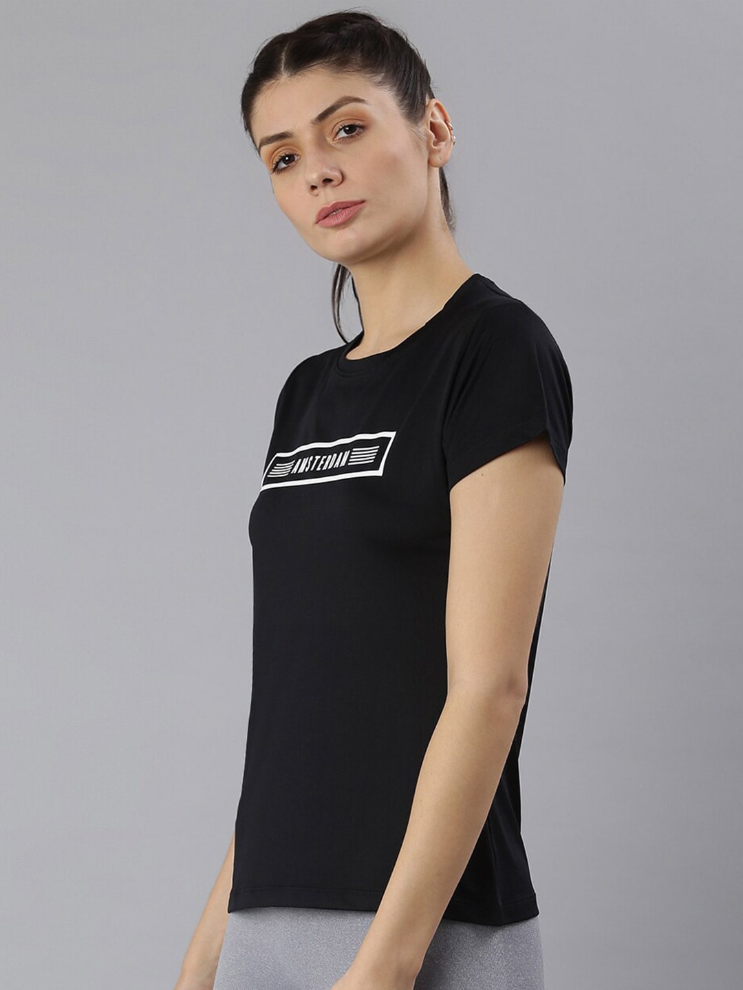 MKH Women Black Typography Printed Round Neck Dri-FIT T-shirt 