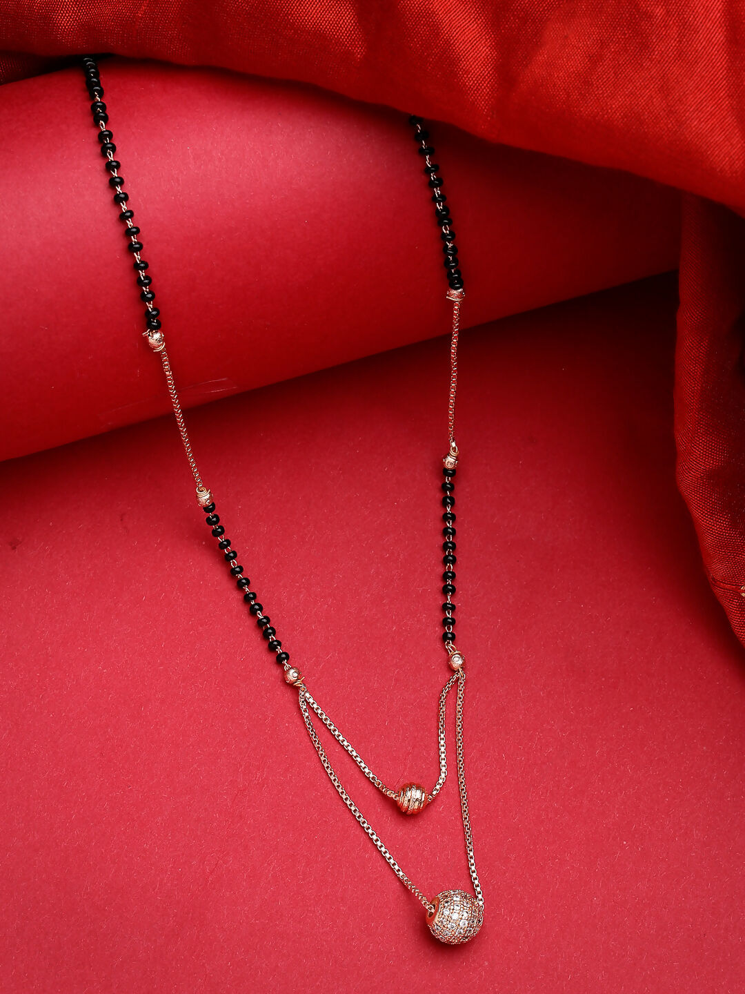 NVR Women's Rose Gold CZ Stone-Studded & Beaded Layered Mangalsutra 