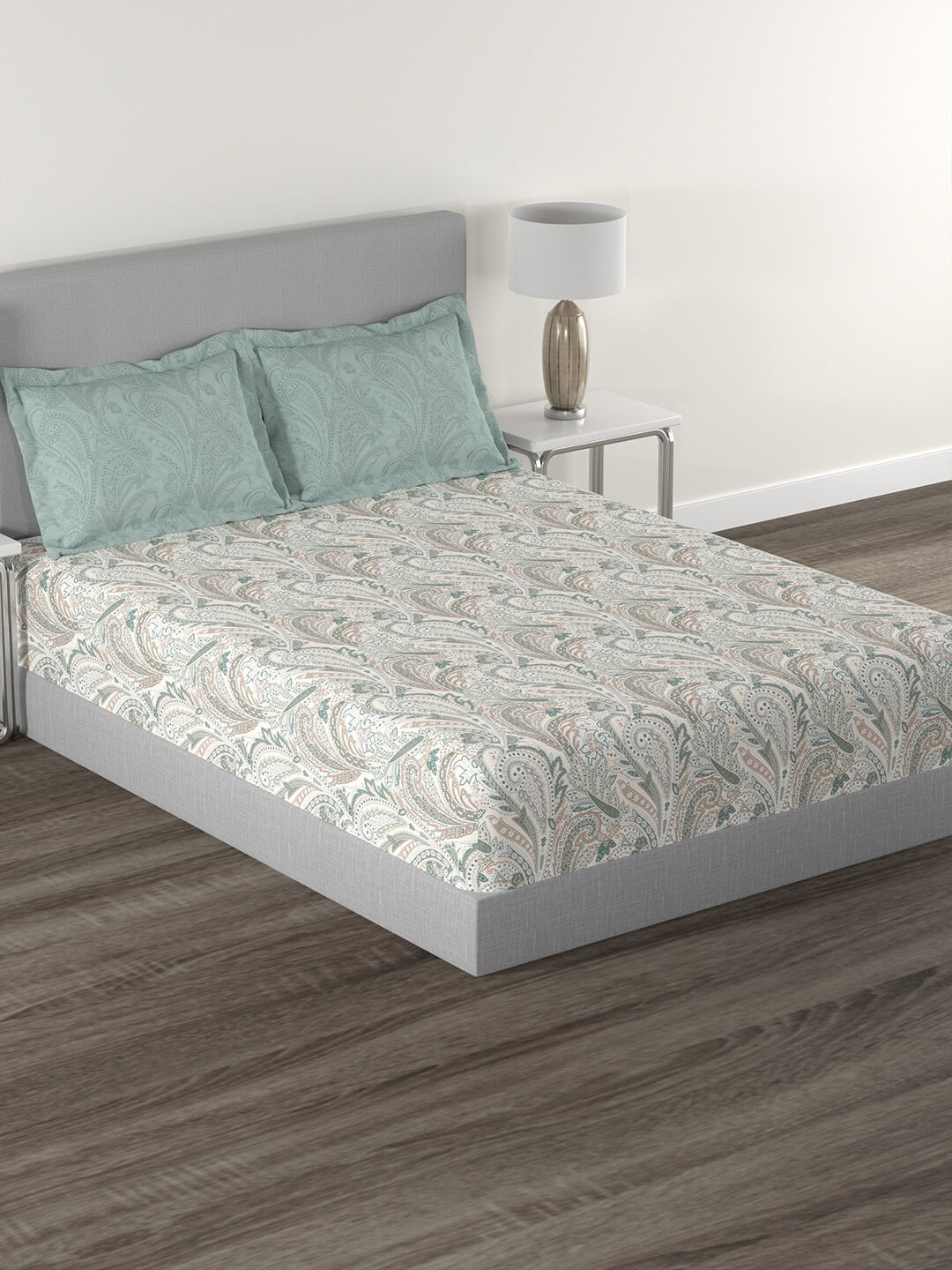 MYTRIDENT Green White Ethnic Motifs Cotton 144 TC Queen Bedsheet With 2 Pillow Covers 