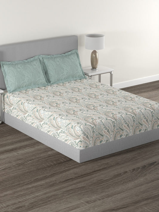 MYTRIDENT Green White Ethnic Motifs Cotton 144 TC Queen Bedsheet With 2 Pillow Covers 
