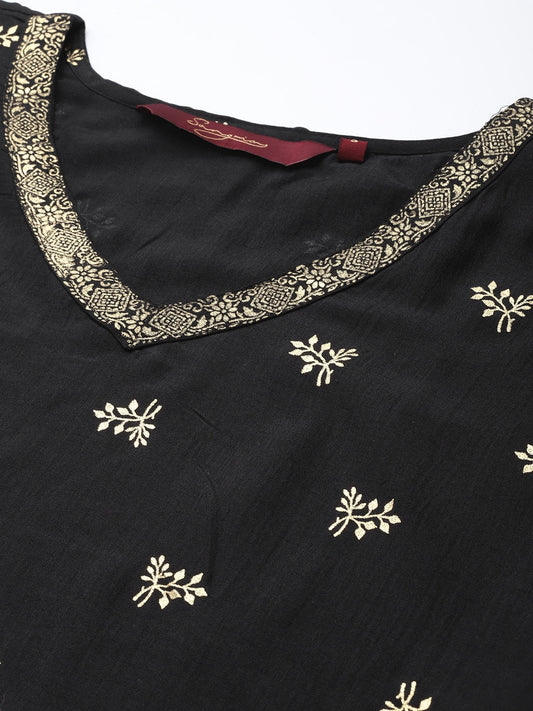 Sangria Women Black & Golden Ethnic Motifs Printed Kurta with Harem Pants - Grab2buy