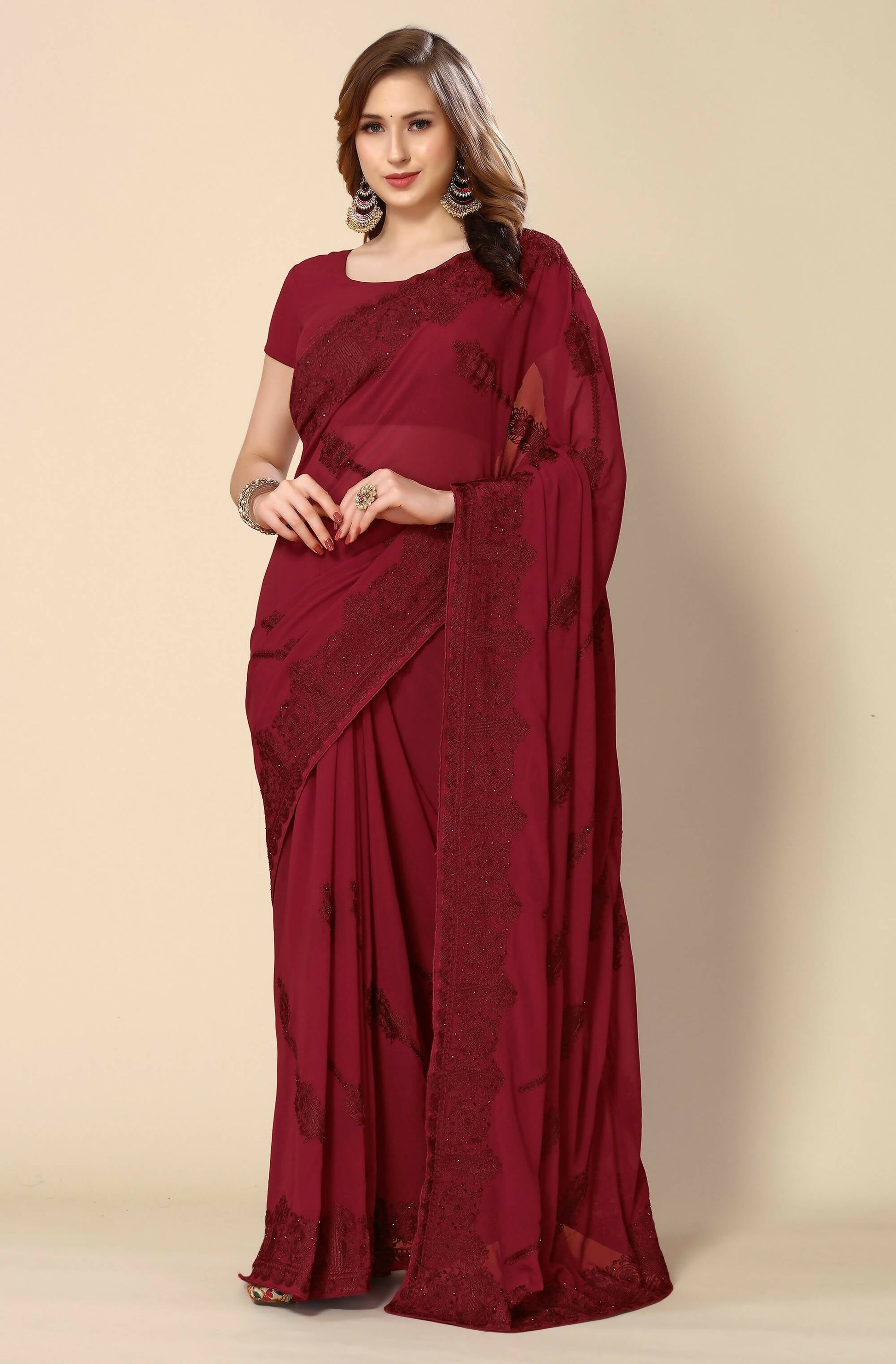 Maroon Georgette Embroidered and Stone Work Saree with Unstitched Blouse Piece - Roozal