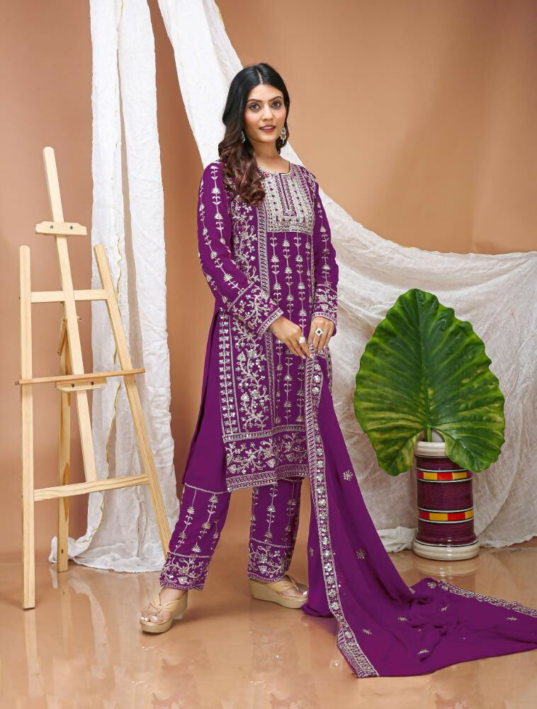 Lehenga Mart Designer Salwar Suit With Kurta, Pant, Dupatta For Women-Purple
