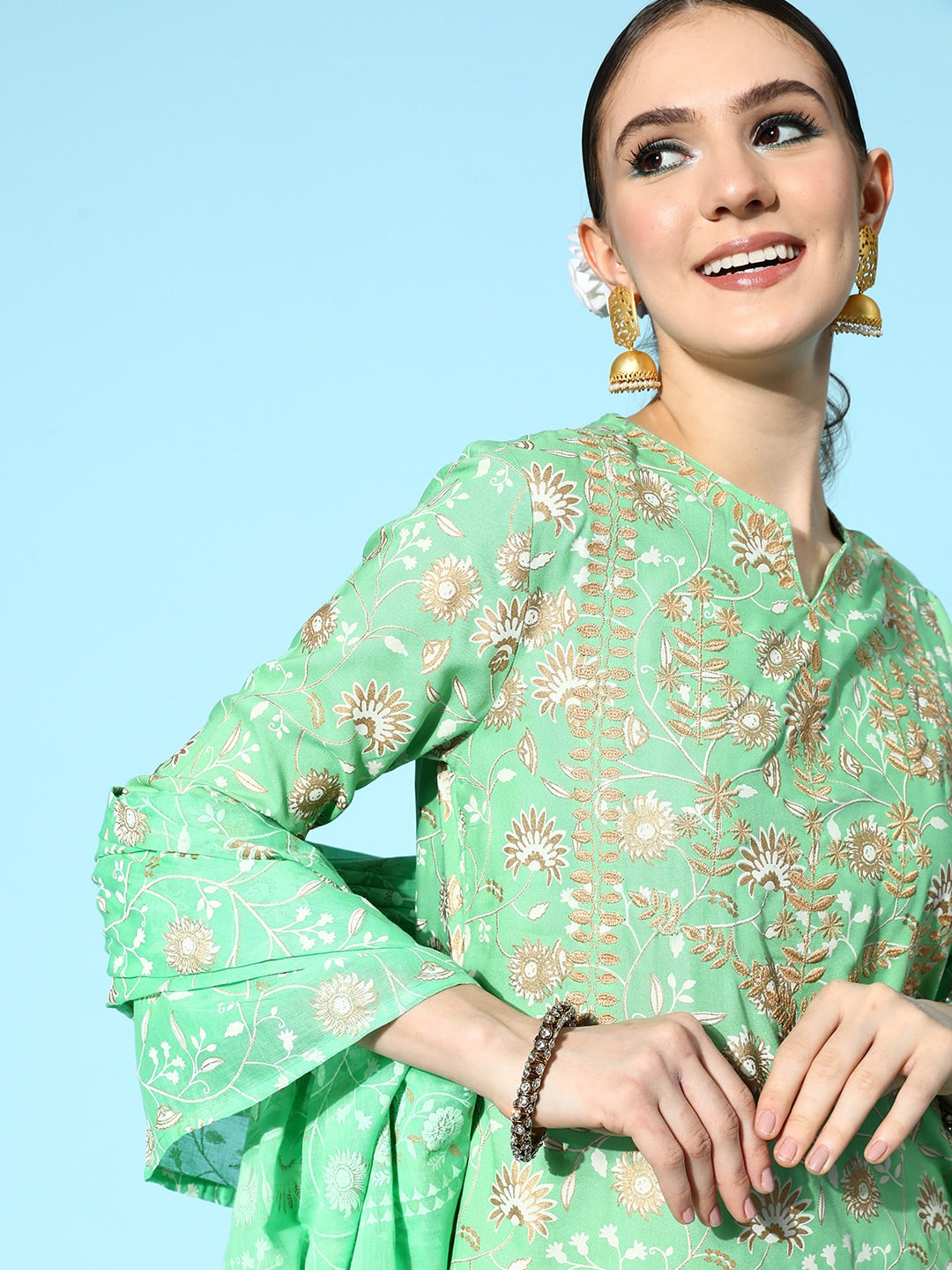 HERE&NOW Women Ethnic Motifs Printed Thread Work Kurta with Trousers & Dupatta