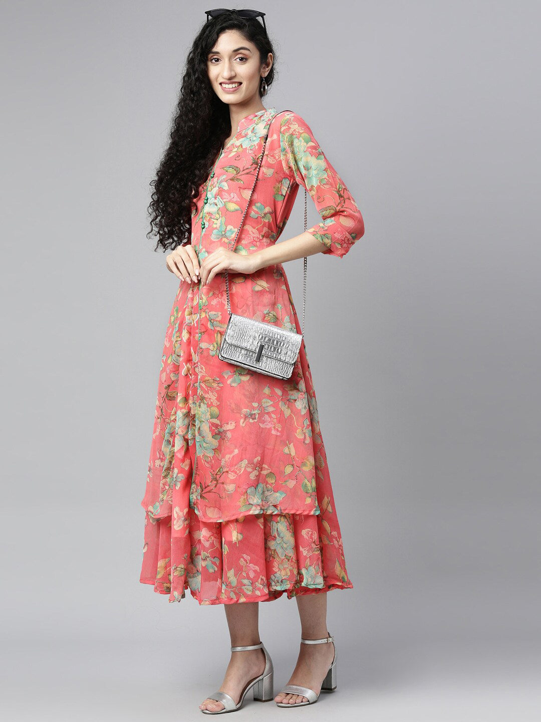 Souchii Women Pink & Green Floral Layered A-Line Midi Dress 