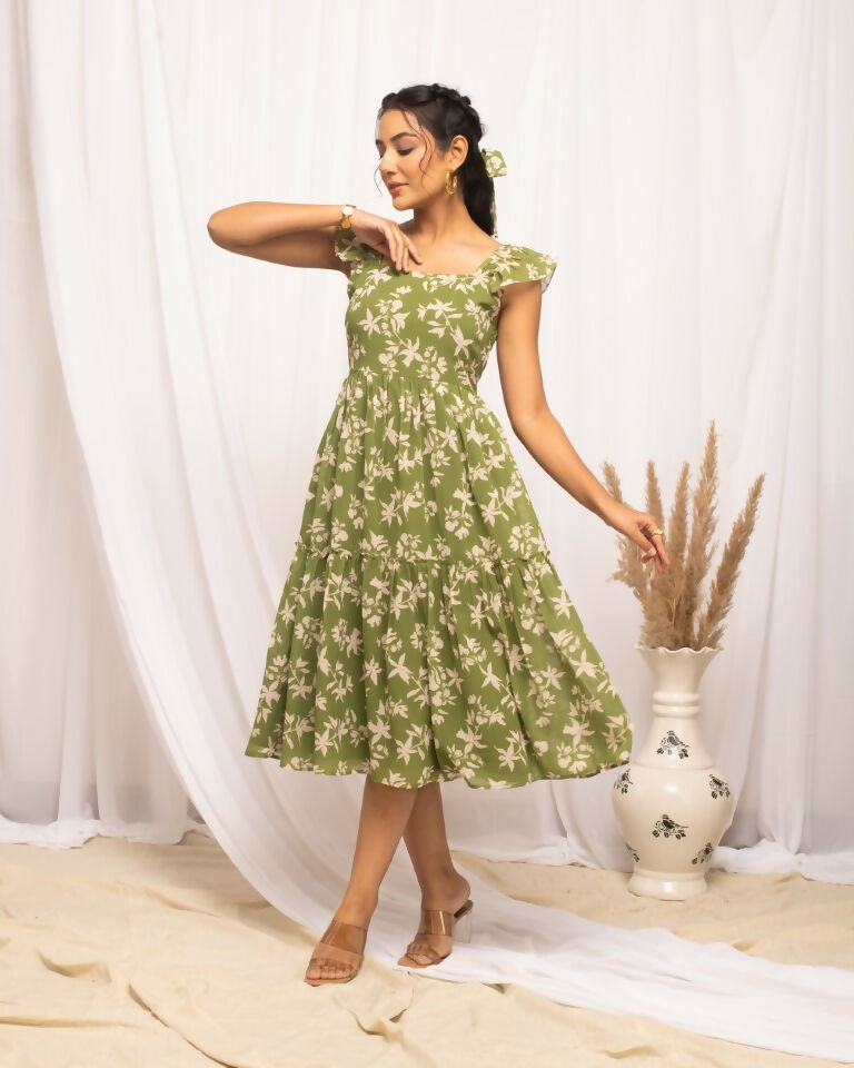 FIORRA Women's Mehandi Green Georgette Floral Printed Dress 
