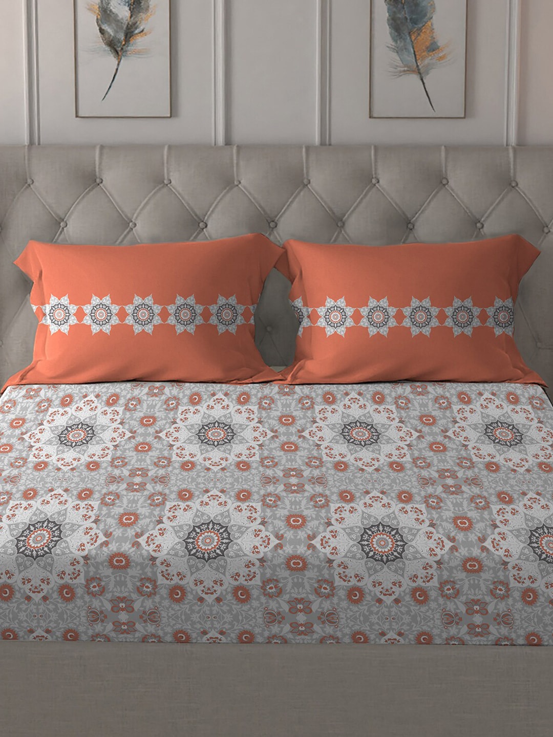 MYTRIDENT Grey White Floral Pure Cotton 144 TC Queen Bedsheet With 2 Pillow Covers 