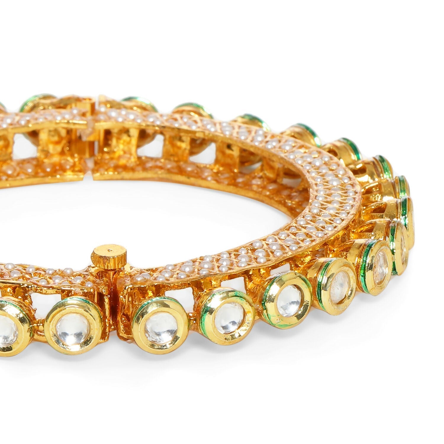 Kundan and Pearl Studded Bangle (Gold) - Ruby Raang 