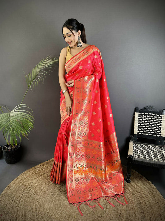 Joban Fashion Rani Pink Geometric Pattern Soft Silk Patola Saree