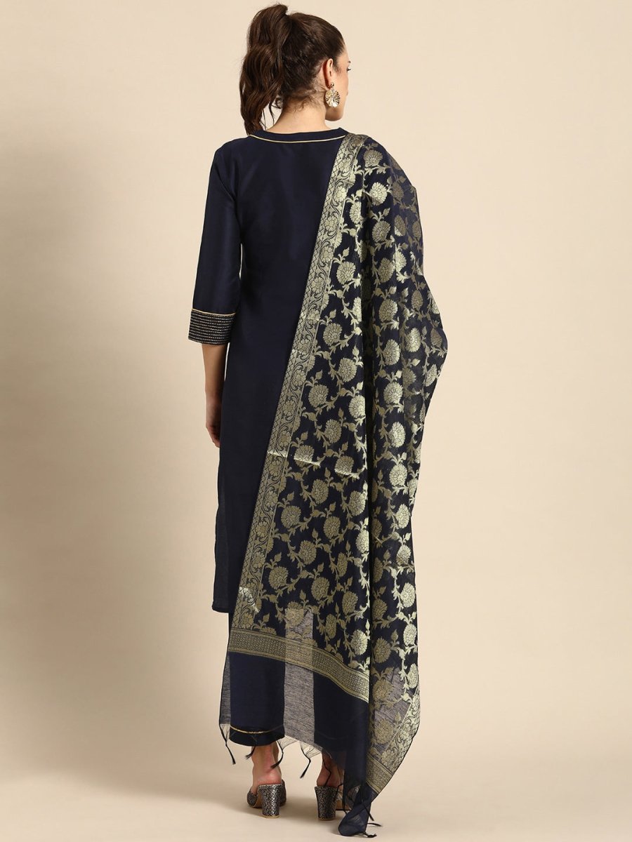 All About You Women Navy Blue Zari Detailed Regular Kurta with Trousers & Dupatta