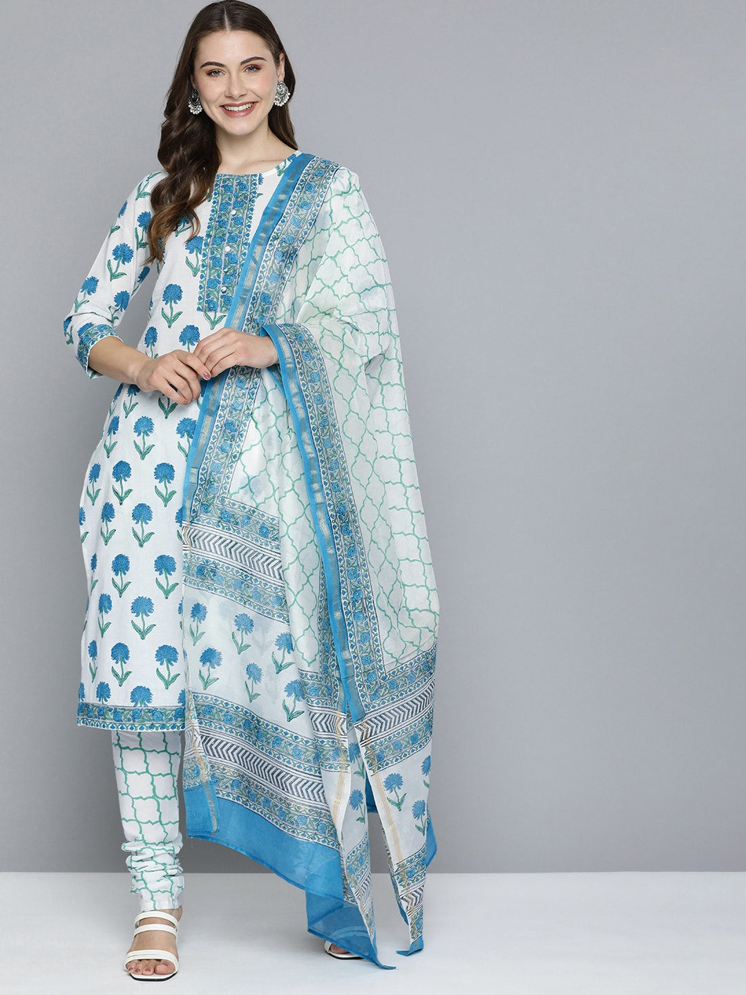 HERE&NOW Floral Printed Regular Pure Cotton Kurta with Churidar & With Dupatta