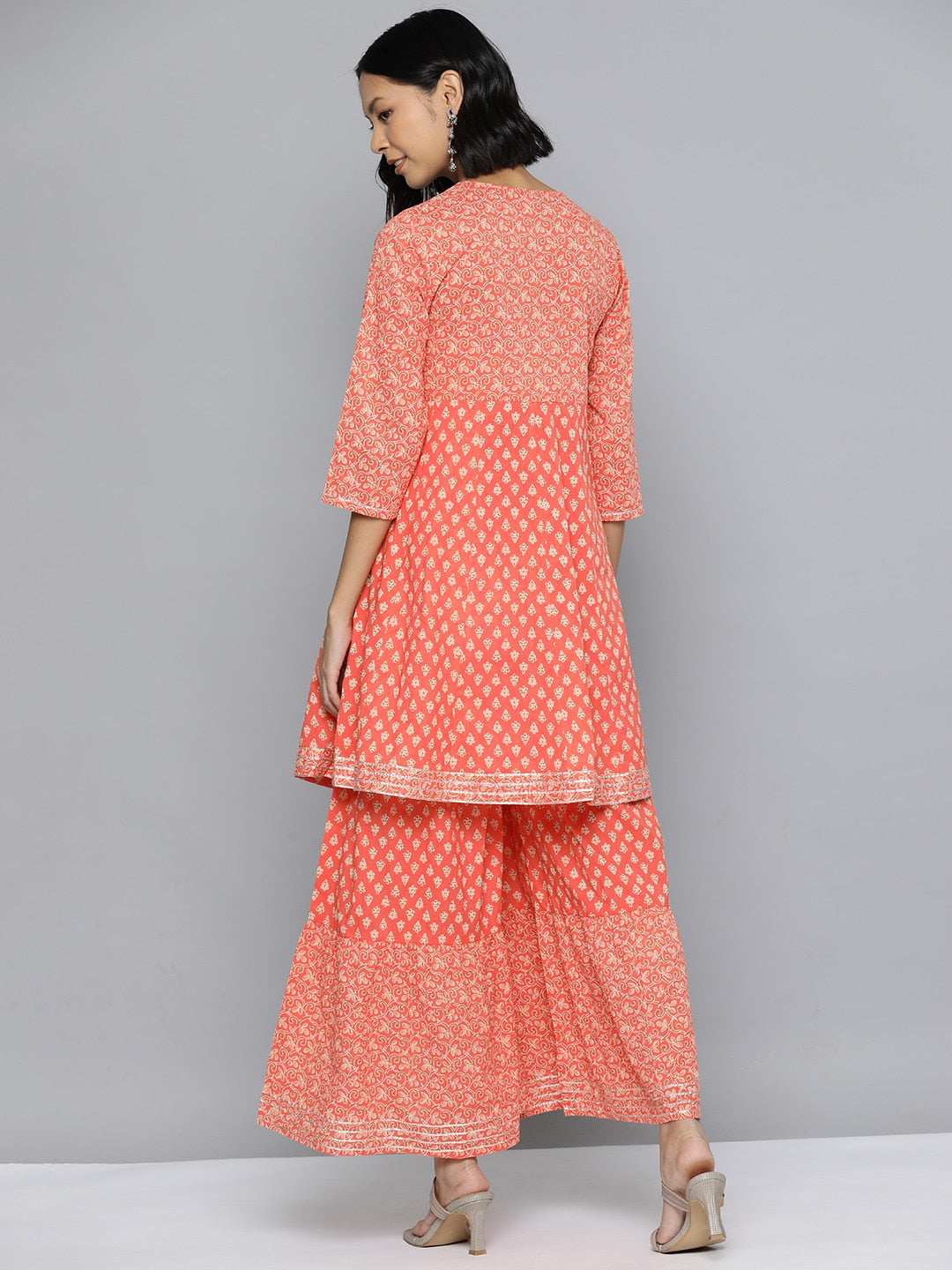HERE&NOW Ethnic Motifs Print High Slit Cotton Kurta with Sharara