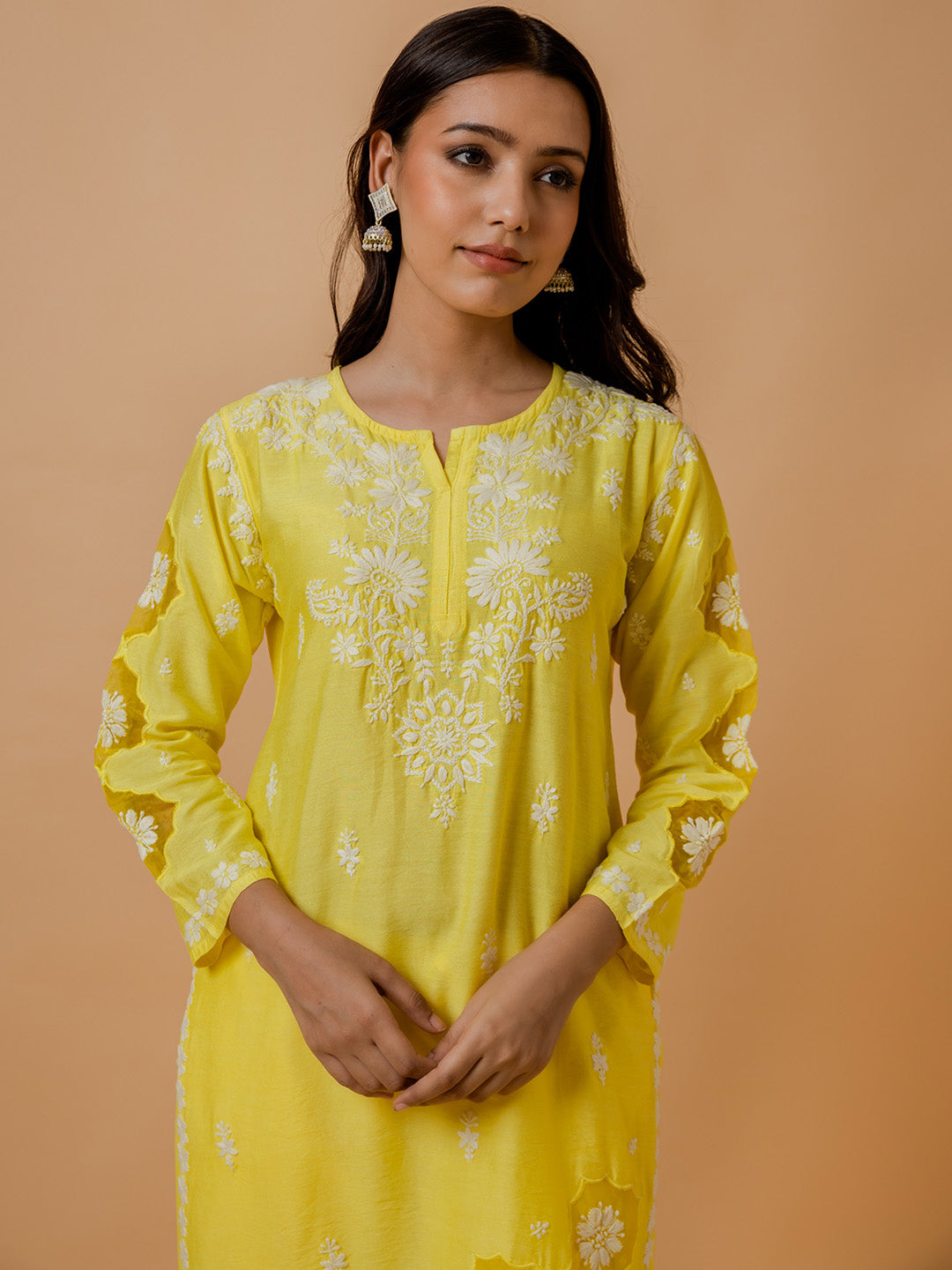 HOUSE OF KARI Ethnic Motifs Embroidered Round Neck Chikankari Chanderi Silk Kurta 