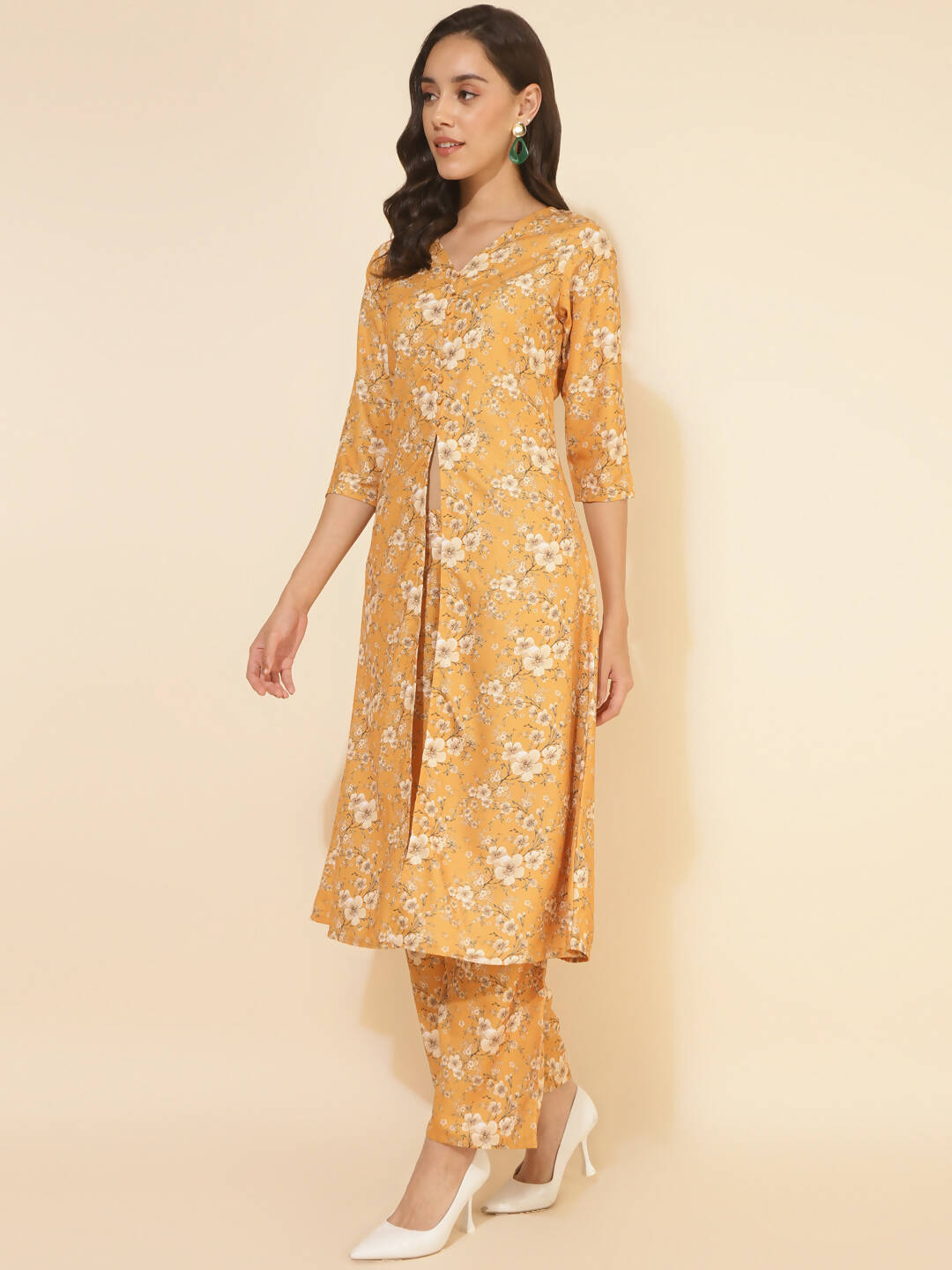 Janasya Women's Mustard Moss Floral Printed Casual Front Slit Co-ords 