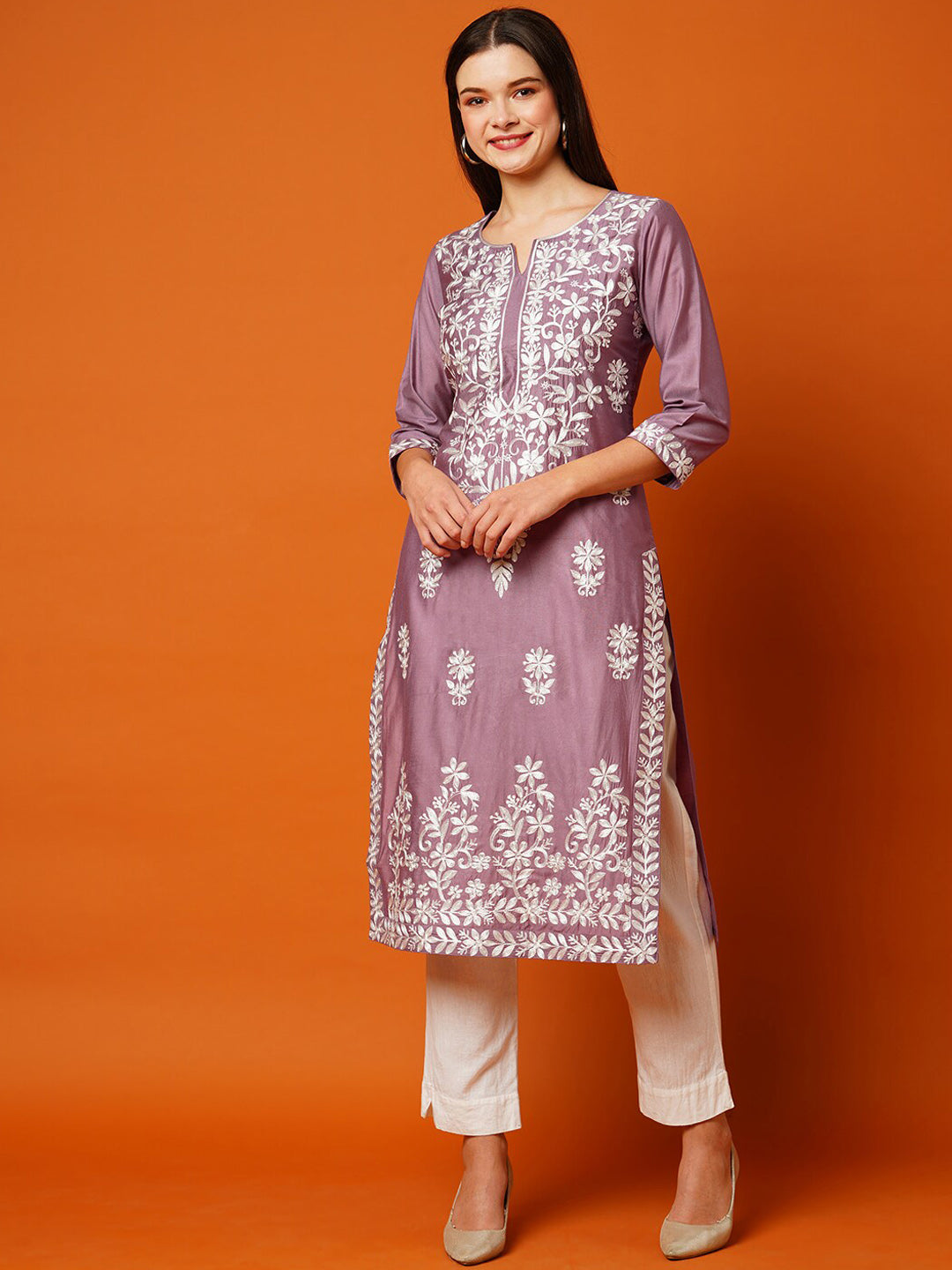 Kalini Floral Embroidered Cotton Straight Kurta 