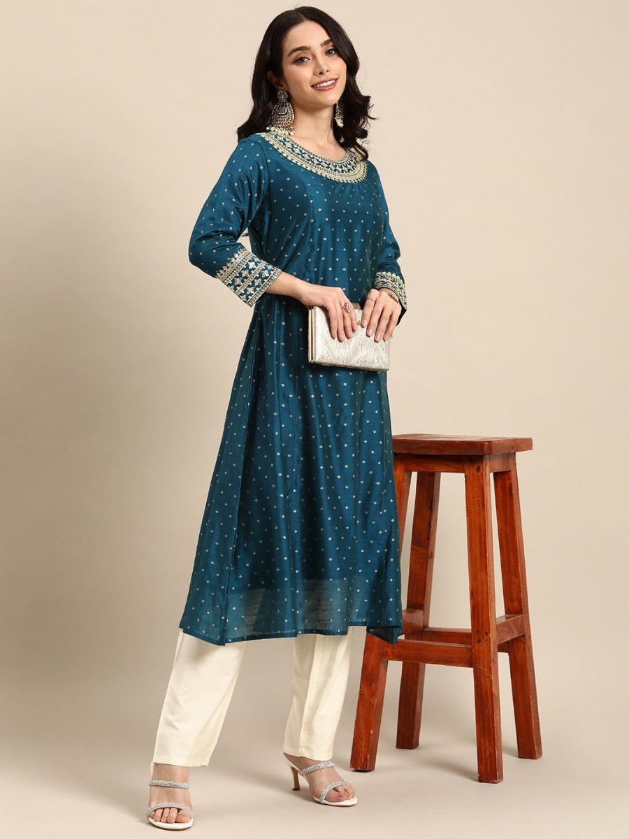 All About You Ethnic Motifs Embroidered Sequinned Kurta With Trousers