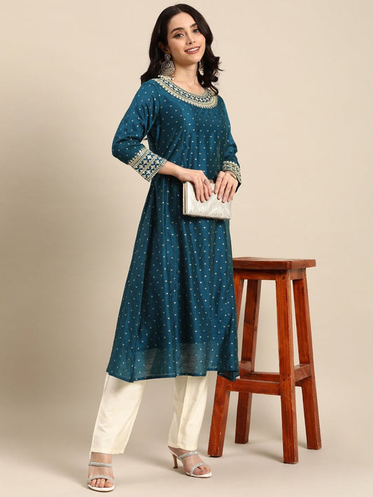 All About You Ethnic Motifs Embroidered Sequinned Kurta With Trousers