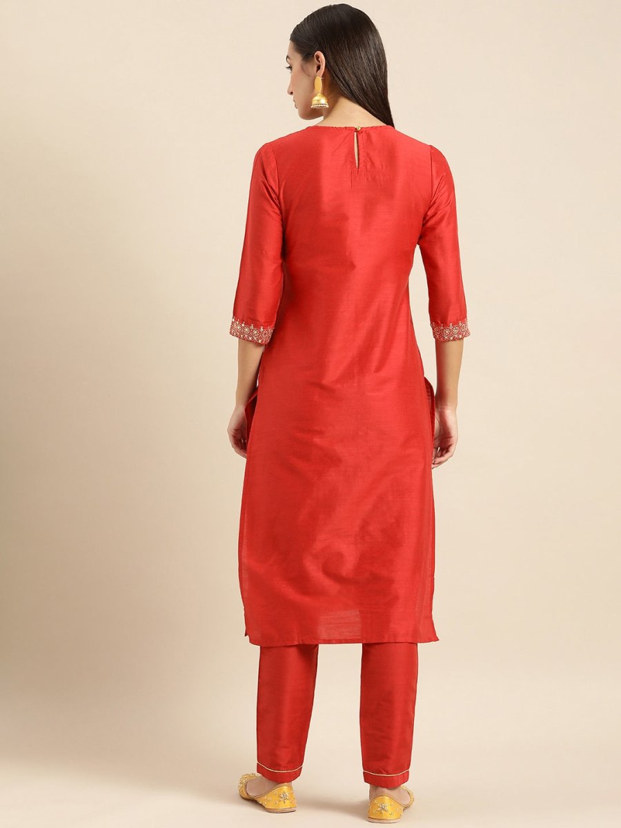 All About You Women Red Woven Design Kurta with Trousers