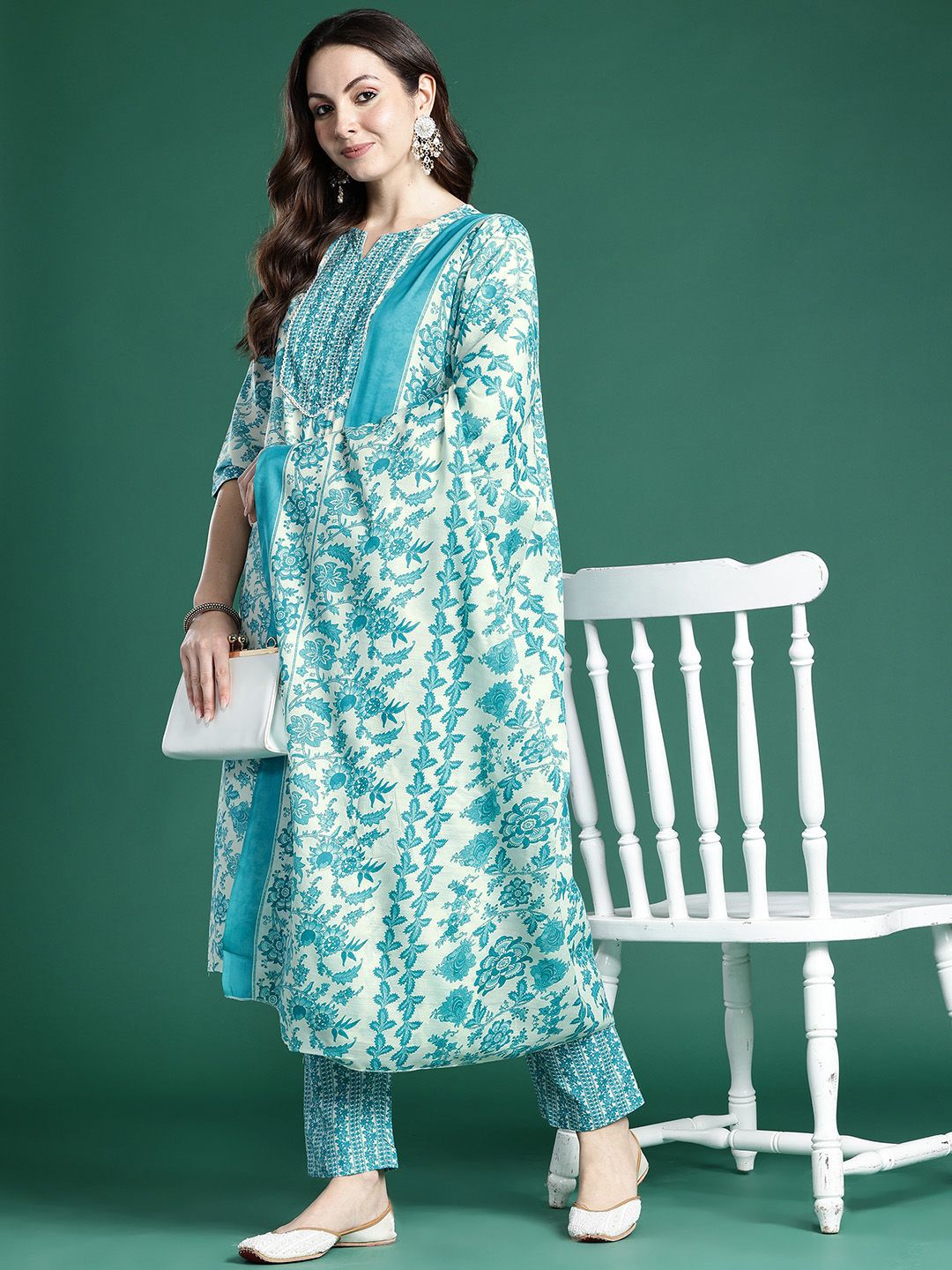 Indo Era Floral Printed Kurta with Trousers & Dupatta