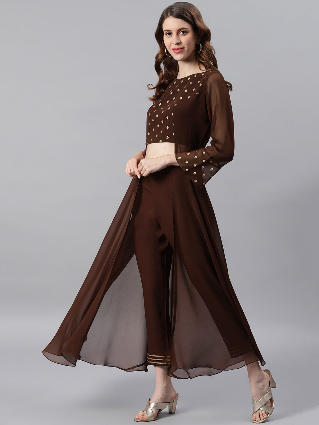 Janasya Women Brown High Slit Floor Length Anarkali Kurta & Trousers